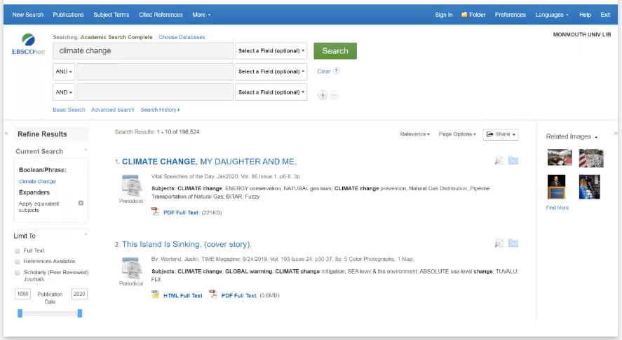A screen shot of the search interface for EBSCOhost